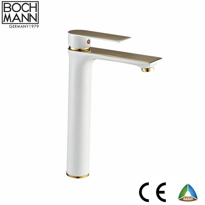 Golden and White Color Brass Material Long Top Counter Bathroom Water Mixer